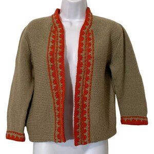 Hand Knit Cardigan Beige w/ Orange Geometric Design Open Front 3/4 Sleeves VTG